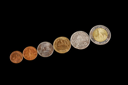 thailand circulating coins collection set isolated on black backgroundの写真素材