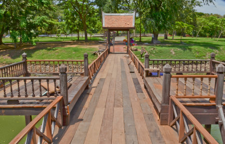 Pedestrian bridge , wooden bridgeの写真素材