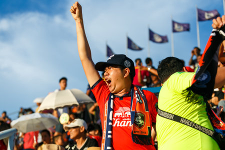 Suphanburi, Thailand - July 01, 2018 : Fan club of Suphanburi Football club emotion in Thailand Soccer league between competition With Navy Football clubのeditorial素材