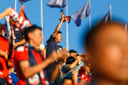 Suphanburi, Thailand - July 01, 2018 : Fan club of Suphanburi Football club emotion in Thailand Soccer league between competition With Navy Football clubのeditorial素材