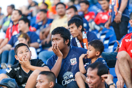 Suphanburi, Thailand - July 01, 2018 : Fan club of Suphanburi Football club emotion in Thailand Soccer league between competition With Navy Football clubのeditorial素材