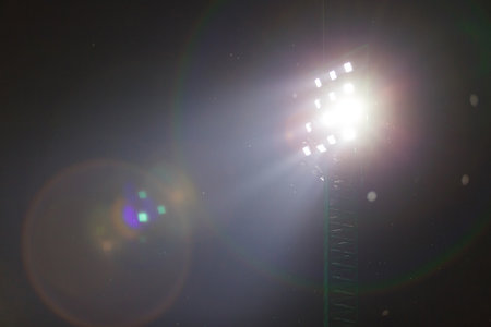 Sport light in football stadium on night time with a lot of little insects.の写真素材