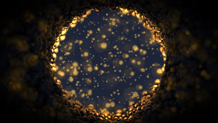 Abstract background tunnel. Golden yellow tunnel background with glitter. Glow at the end of the tunnel. background happy new yearの写真素材