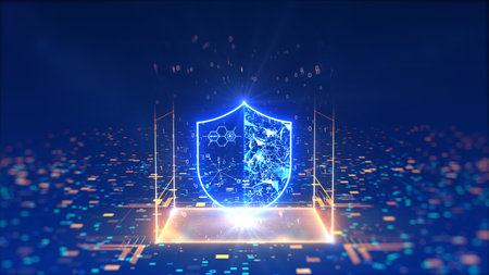 cyber security technology concept. Protection of digital information networks. Hi-tech security background.の写真素材