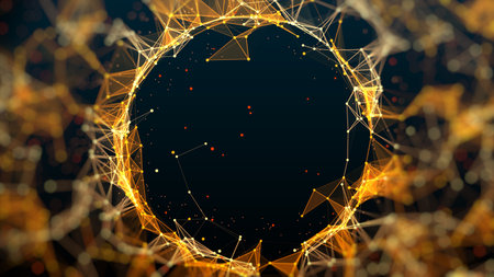 There is an empty space in the middle of the circle. Polygon glitter gold background. Golden...