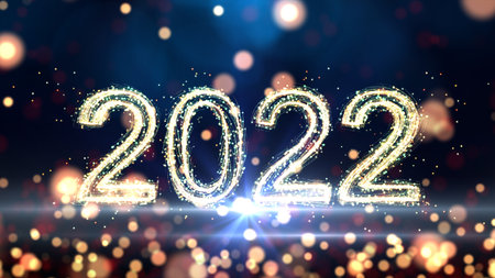 Happy New Year 2022. Slow motion new year festival abstract background with golden numbers and...