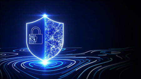 technology cybersecurity protection concept. There is a shield on the left. on the right there is an...