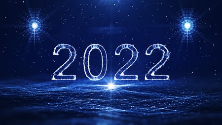 happy new year 2022. celebration concept in the technology category where polygons are connected with a dark blue background.の写真素材