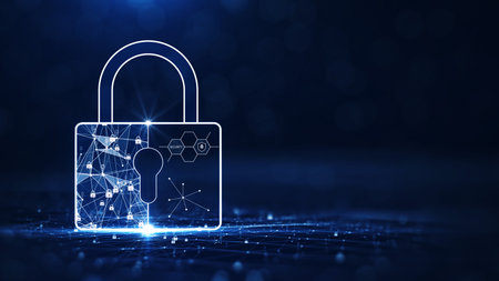 Cybersecurity and privacy technology information protection background concept. There is a padlock on the left hand side. against a dark blue background.の写真素材