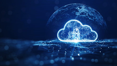 cloud computing technology database storage security concept Backup transfer. There is a large cloud...