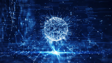 big data technology concept. The interconnected polygons form a prominent sphere in the center. with...