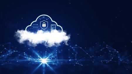 Cloud and edge computing technology concepts with cybersecurity data protection. A large cloud icon...
