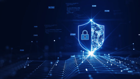 Cybersecurity data protection technology concept internet connection online network. There is a prominent shield on the right. Interconnected polygon binary code on dark blue background.の写真素材