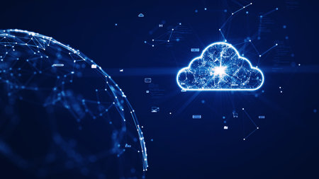 Cloud and edge computing technology concepts. Interconnected polygons within a large cloud icon stand out on the right, an abstract world on the left, and a small icon on a dark blue background.の写真素材