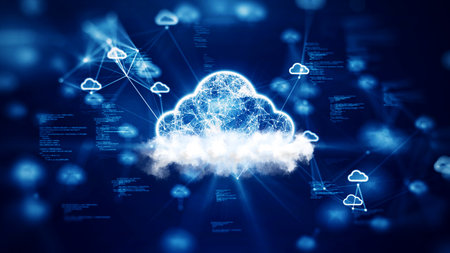 Cloud and edge computing technology concepts with cybersecurity data protection. A large cloud icon...
