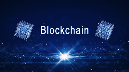 Blockchain technology concept or decentralized storage digital currency. The white blockchain letters are in the middle between the cubes. polygons connected on a dark blue background.の写真素材