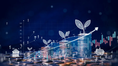 Banking finance or business investment ideas are thriving. There is a tree icon above the coins arranged in a growing bar chart on a dark blue background. Polygon are connected to different currenciesの写真素材