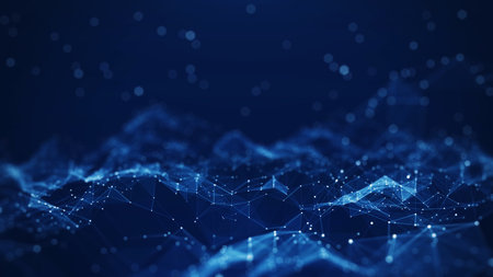 Abstract concepts of cybersecurity technology and digital data protection. Protect internet network connection with polygons, dots and lines with dark blue background, center focus, side blur.の写真素材
