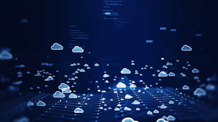 Cloud and edge computing technology connectivity concept. Binary code polygons and small cloud icons are on a dark blue background.の写真素材