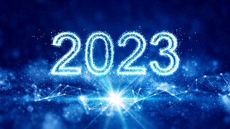 Happy New Year. The number 2023 stands out in the center of the image on a dark blue background with...