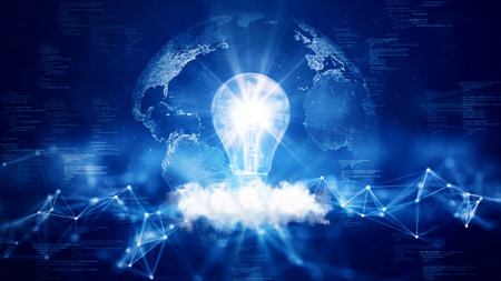 business idea creative concept technology. Light bulb glowing in the abstract world above clouds Polygons and binary code on dark blue background.の写真素材