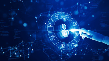 Cyber security concept of digital technology or online privacy protection. Robot abstract wooden hand pressing user icon surrounded by various icons Binary code polygon on dark blue background.の写真素材