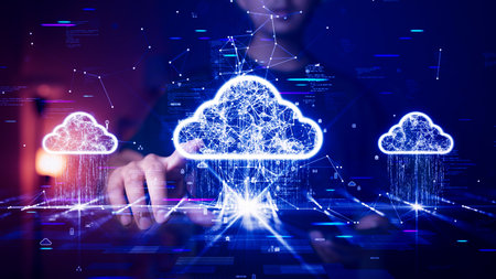 Cloud and edge computing technology concept with cybersecurity data protection system. People choose cloud computing services to upload and store document files of various sizes as needed.の写真素材
