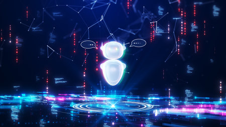 AI Chat Bot technology concept on blue background. Artificial intelligence or smart assistant training with a big database. searching for information with an automatic reply.の写真素材