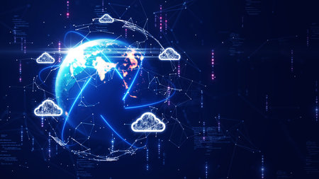 cloud and edge computing technology. Secure database storage is protected from unauthorized access and cyber threats. Polygons and interconnected global cloud network on dark blue background.の写真素材