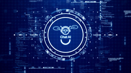 Chat AI technology concept on blue background. Artificial intelligence or smart assistant training with a big database. searching for information with an automatic reply.の写真素材