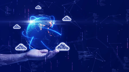 cloud and edge computing technology. Secure database storage is protected from unauthorized access and cyber threats. Polygons and interconnected global cloud network on dark blue background.の写真素材