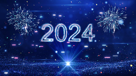 Happy New Year 2024 festival technology concept celebration. slow motion bokeh particle confetti and fireworks glittering on a dark blue background.の写真素材