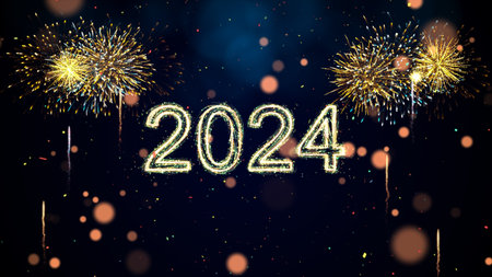 Happy new year 2024 celebration concept. Slow motion bokeh particle confetti and sparkling fireworks...