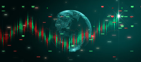 concept of stock chart analysis on the stock market investment trends for future financial growth. abstract world graph on dark green background.の写真素材