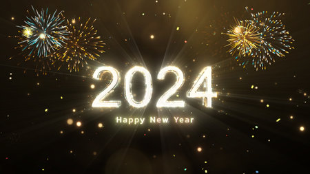 Happy New Year 2024 Glittering golden festival celebration concept Bokeh confetti fireworks on dark...