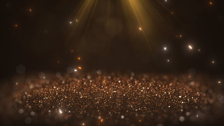 Abstract particle background concept decoration presentation golden glittering sparkles luxury advertising bright yellow beams light.の写真素材