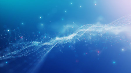 Abstract technology connected internet network with polygonal multicolored dots and lines with dark blue background. Digital cybersecurity protection and big data visualization. internet of things.の写真素材