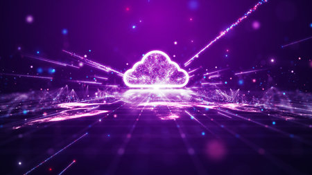Cloud and edge computing technology data transfer Backup storage concept. A large cloud icon stands...