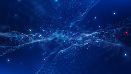 Abstract technology connected internet network with polygonal multicolored dots and lines with dark blue background. Digital cybersecurity protection and big data visualization. internet of things.の写真素材