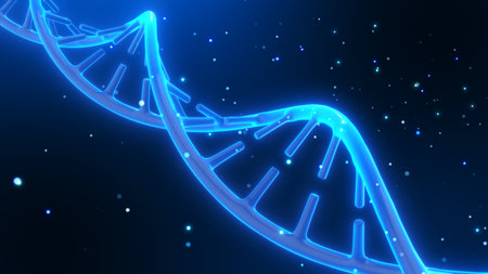 DNA deoxyribonucleic acid 3d render helix. Genetic modeling technology concept on dark blue background.の写真素材