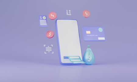 Mobile Banking. Technology business concept, online financial transactions on smartphone with purple background. 3D Renderingの写真素材