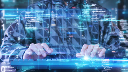 Cybersecurity expert typing on a keyboard, surrounded by floating digital codes binary numbers. Abstract encryption and dynamic, complex data security with light effects blur.の写真素材