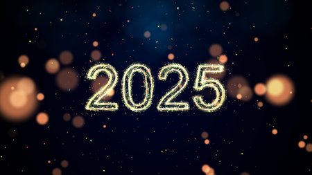Happy New Year 2025 celebration concept Sparkling Bokeh particle confetti on dark background.の写真素材