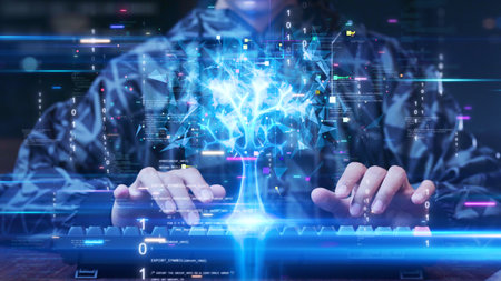 A person typing on a keyboard with a glowing digital tree emerging from the screen, symbolizing the growth of artificial intelligence and data science, surrounded by binary codes and digital elements.の写真素材