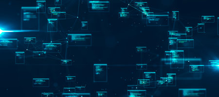 Abstract programming code technology concept digital data connected glowing nodes internet network on dark blue background.の写真素材