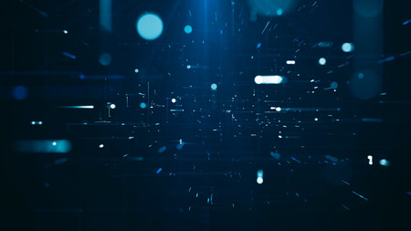 Abstract futuristic digital network with glowing blue particles and dynamic light trails on a dark background. A concept of technology, big data, and cybersecurity.の写真素材