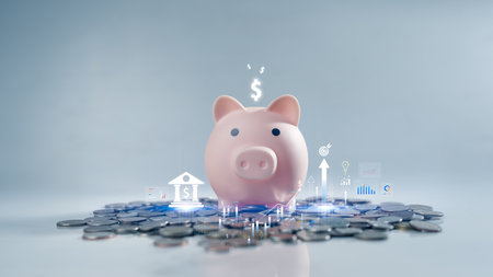 A pink piggy bank sits on a pile of coins, surrounded by digital financial icons representing banking, investment, and economic growth.の写真素材