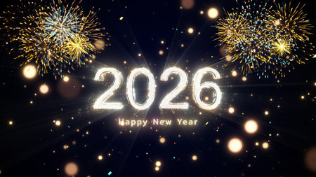 Happy New Year 2026. Festive celebration with bright fireworks, bokeh, and glitter. New beginnings,...