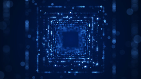 Abstract square particle tunnel technology background concept on dark blue background digital presentation backdrop effect.の写真素材