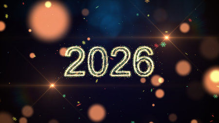 Happy New Year. Bright glowing 2026 numbers surrounded by sparkles, colorful particles, and light...